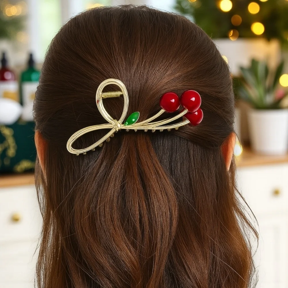 Cherry Hair Claw Clip Non-Slip Bow-Knot 🍒 Metal Hair Clip for Women & Girls